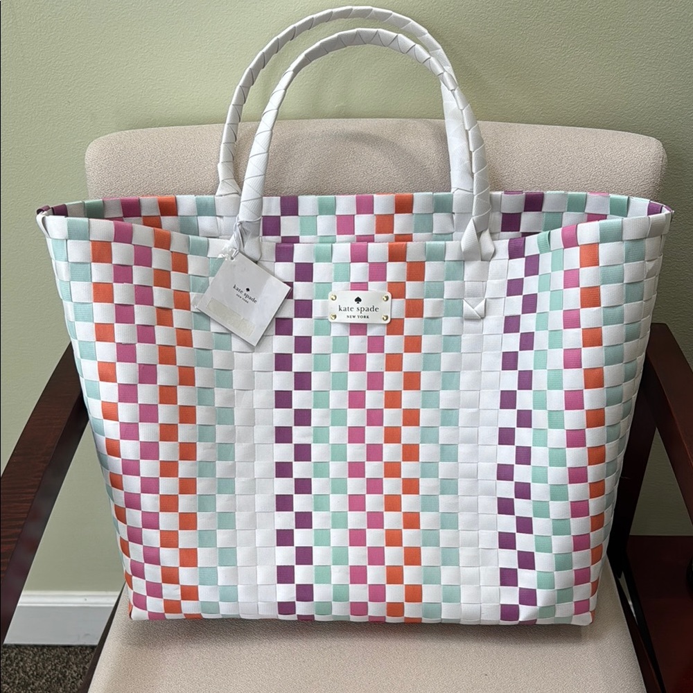 Kate Spade White and Purple Woven Beach Tote Bag